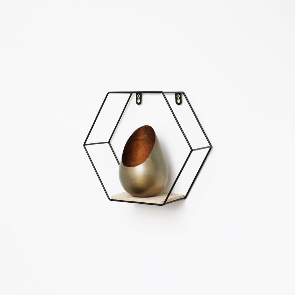 Etagère murale hexagonale en métal - 25x28,5 cm - noir
