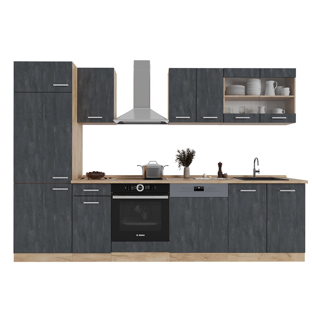 Vicco Küchenzeile R-Line 300 cm Schwarz Beton Eiche ohne Arbeitsplatte
