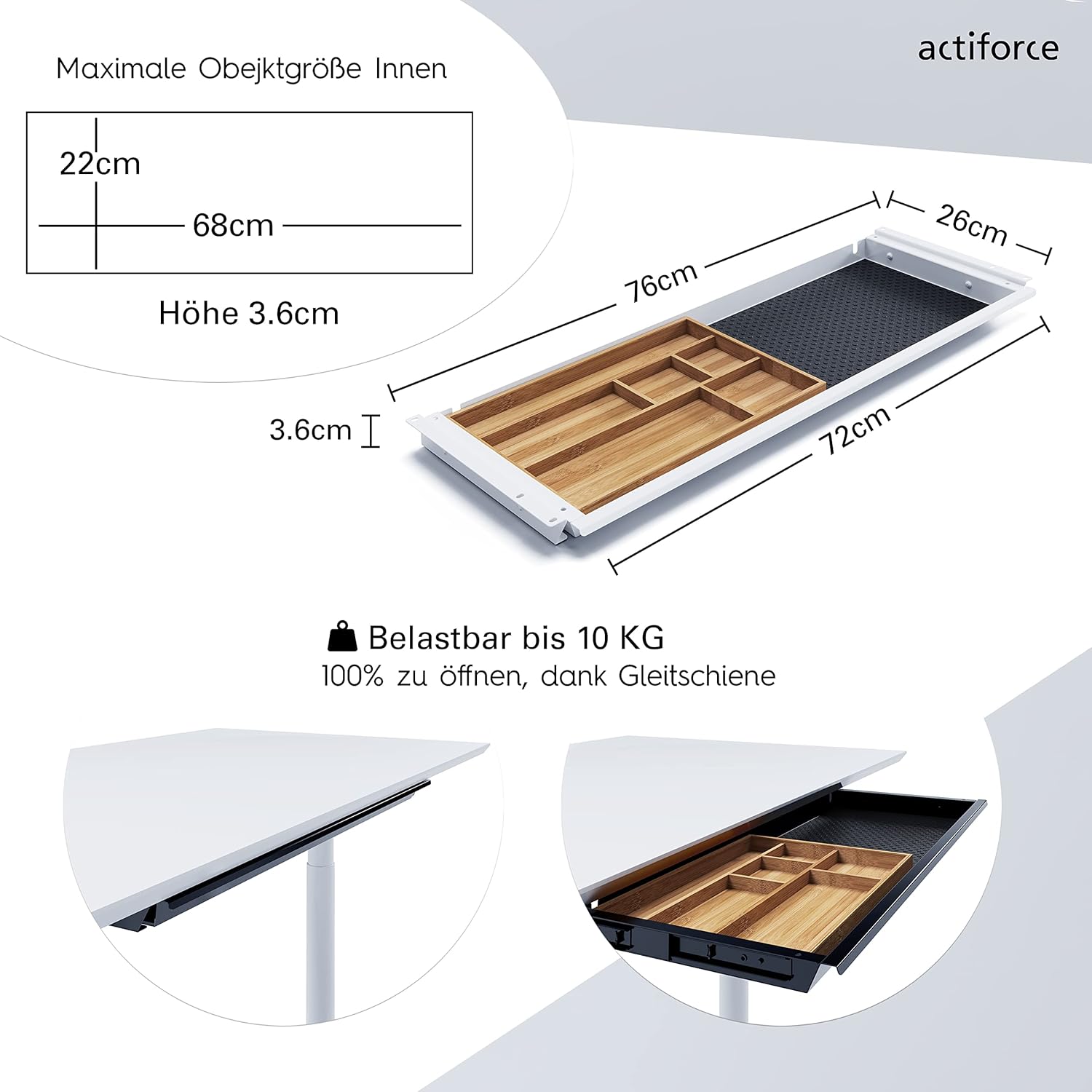 ACTIFORCE® Premium Untertischschublade extrabreit | Herausnehmbare Bambuseinlage | schwarz, Silber, weiß | Einfacher Unterbau, die perfekte Schreibtischschublade für deinen Schreibtisch