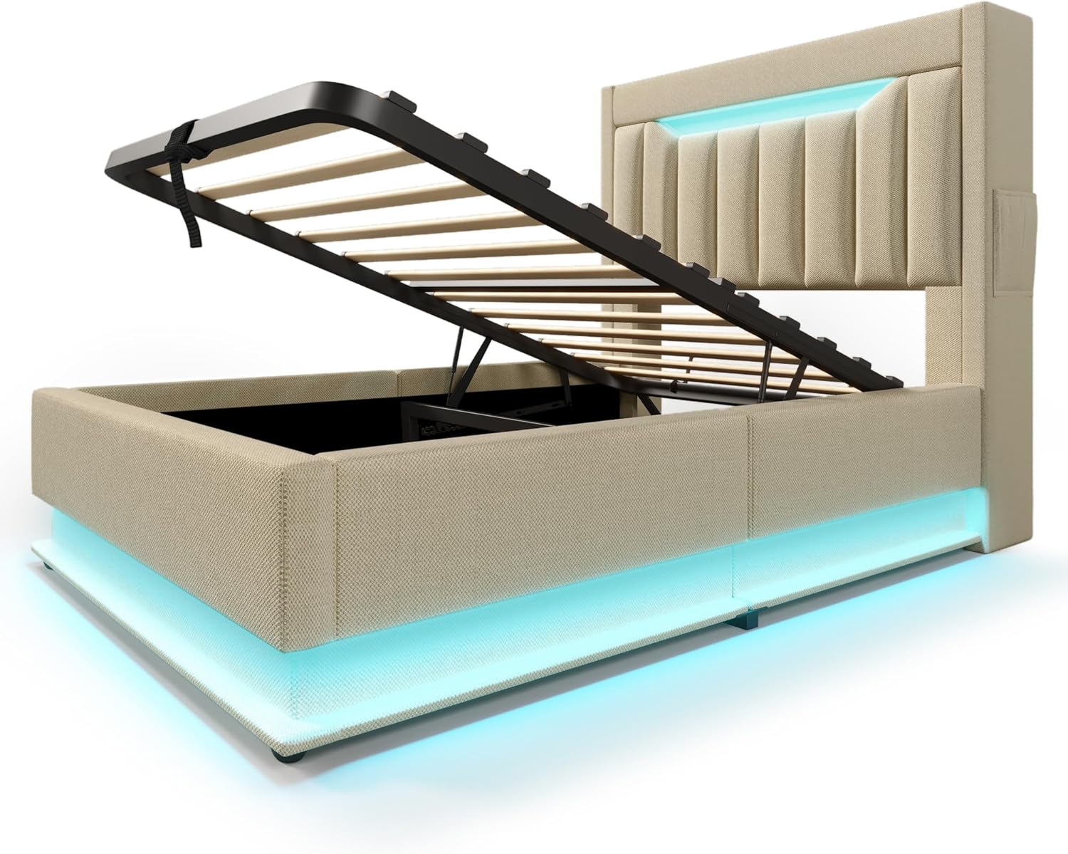 Kebnor Polsterbett Doppelbett, Stauraum-Kopfteil, LED-Beleuchtung am Kopf- und Fußende des Bettes, mit Hydraulischem Stauraum, Leinen. (Ohne Matratze) (Beige, 90x200cm)