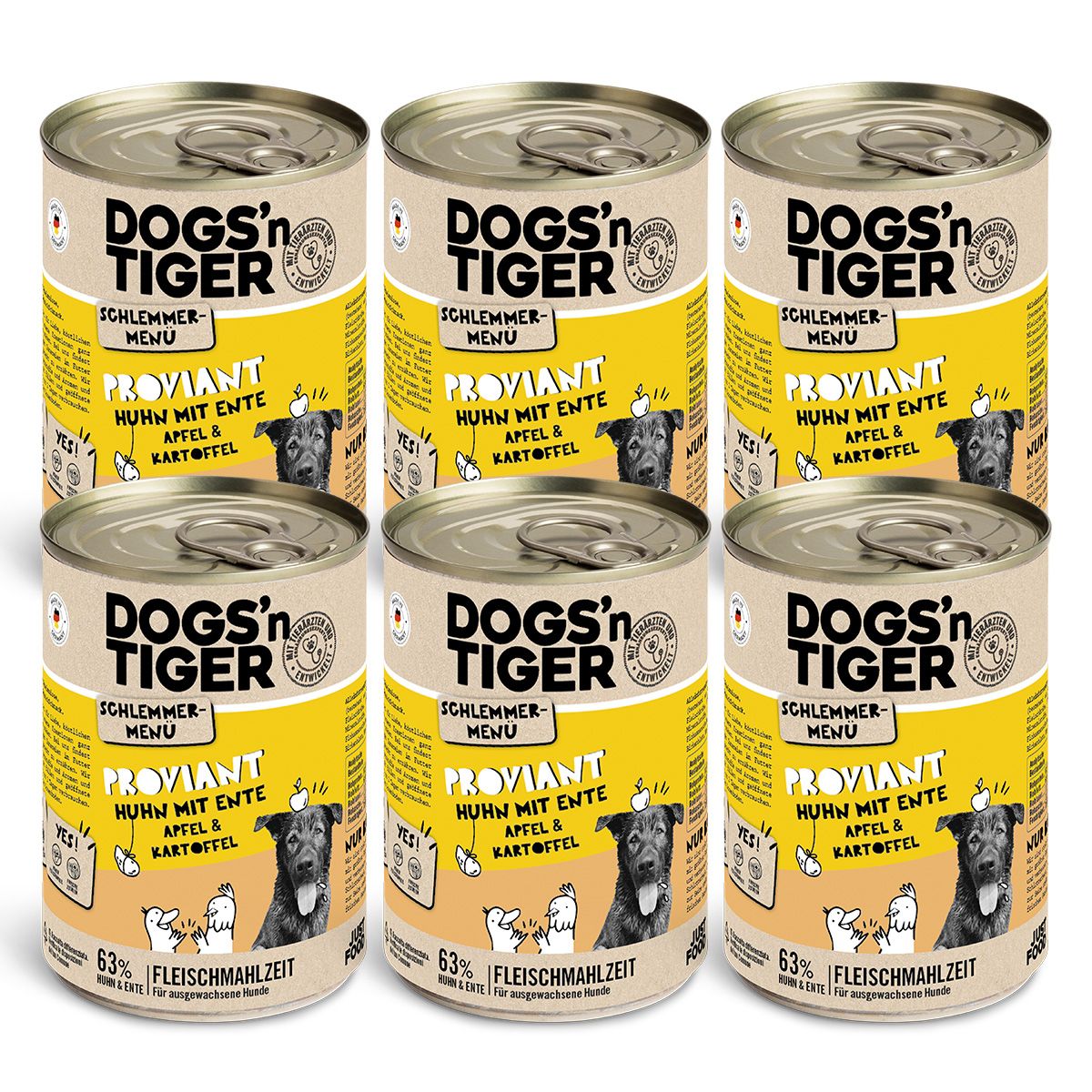 Dogs’n Tiger Adult Hundefutter, Proviant, Nassfutter, Getreidefrei, Huhn, Ente, Apfel & Kartoffel
