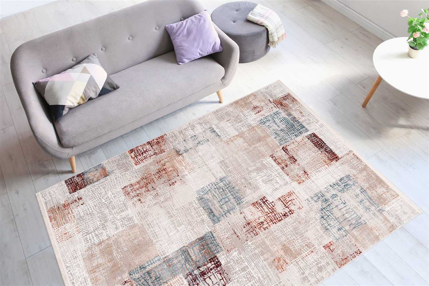 Kortpolig tapijt Celestia grijs / zalmroze vintage design, used look, patchwork design 80 x 150 cm