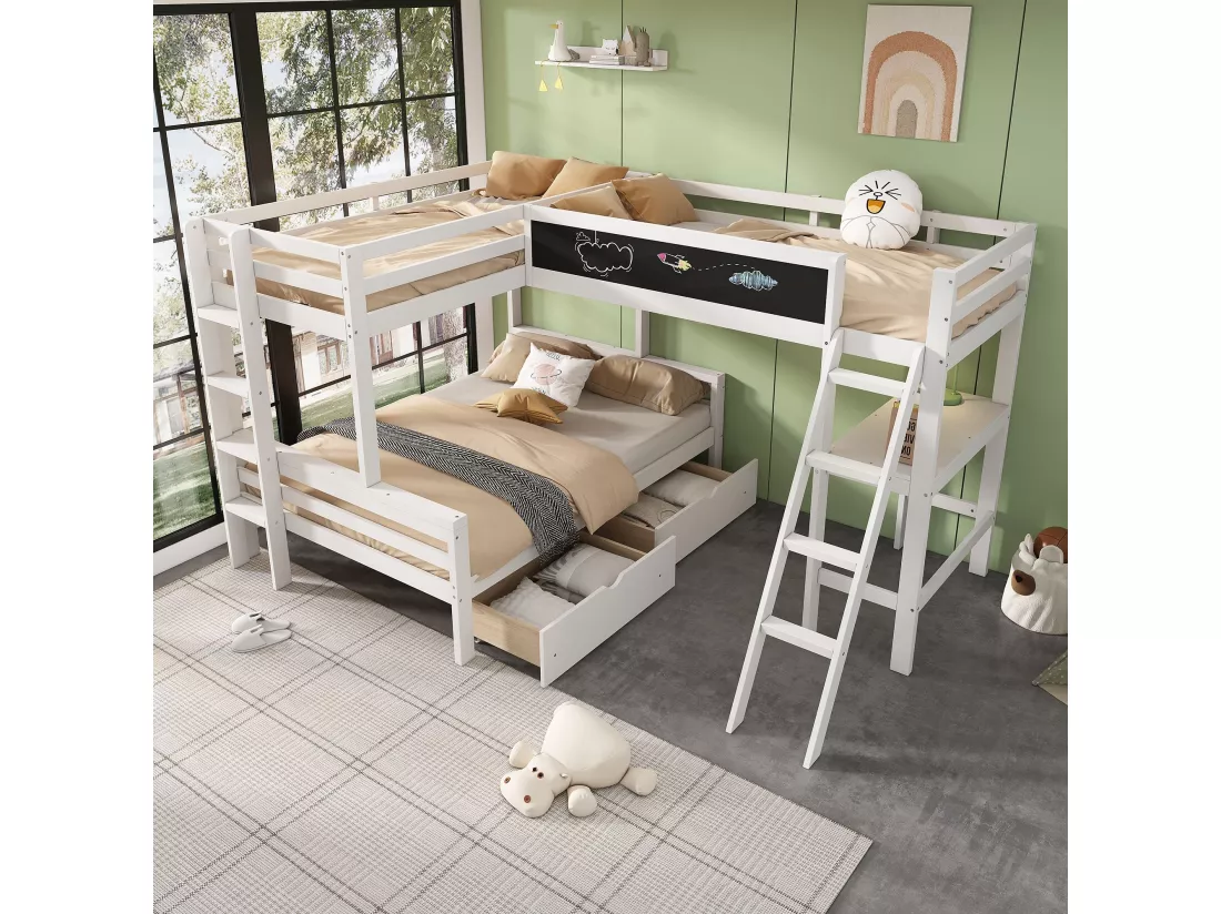 Lit superposé pour enfants avec tiroirs et bureau, lit triple en bois de pin, avec étagère, 140x200 cm1 + 90x200 cm2, blanc, sans matelas