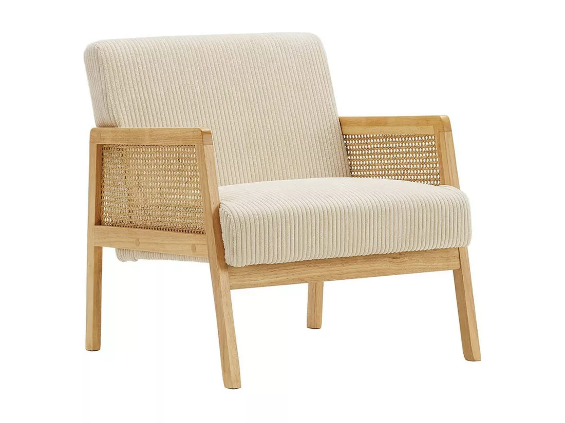 Fauteuil en cannage et velours côtelé beige - Mani
