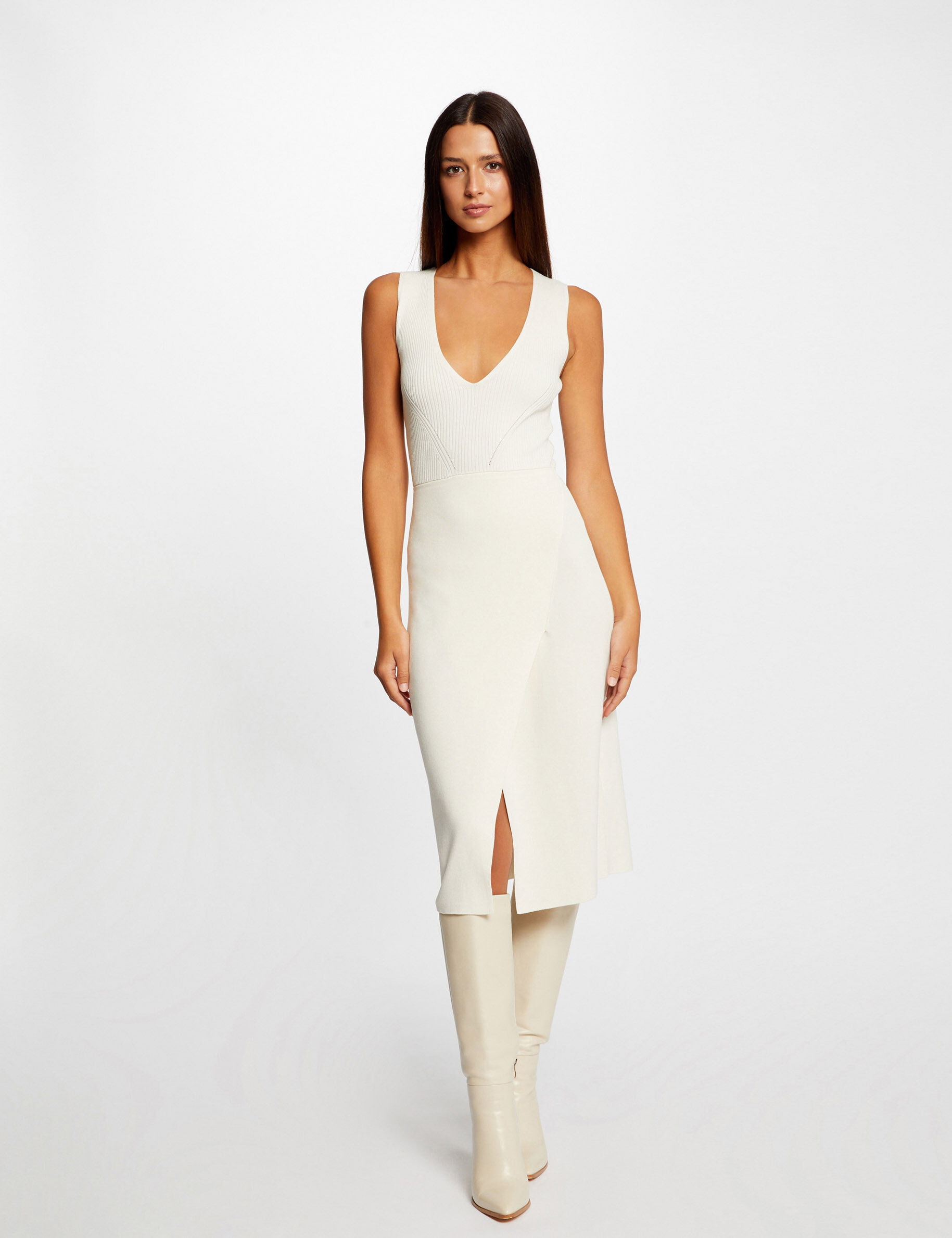 Robe pull midi ajustée col en V ivoire femme - ivoire