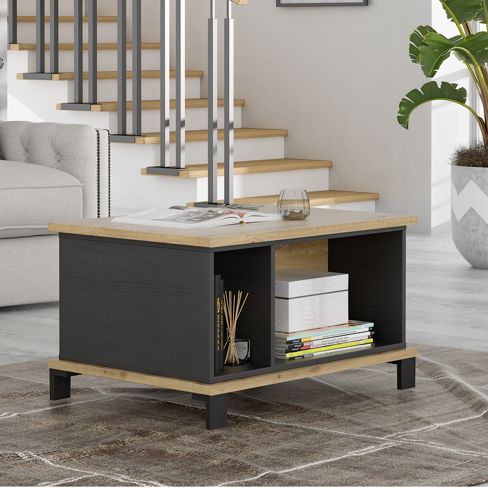 Couchtisch - Artisan Eiche-Schwarzeiche - 3 offene Fächer - 80 cm