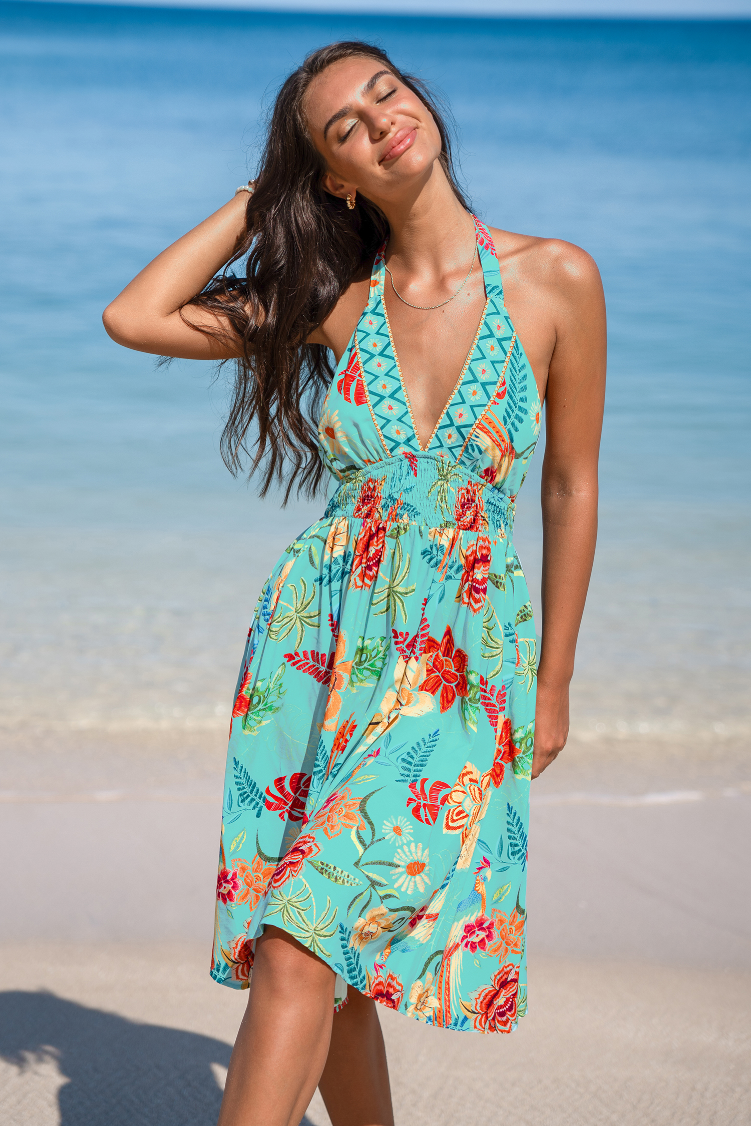 Robe midi à col rond plongeant et fleurs tropicale