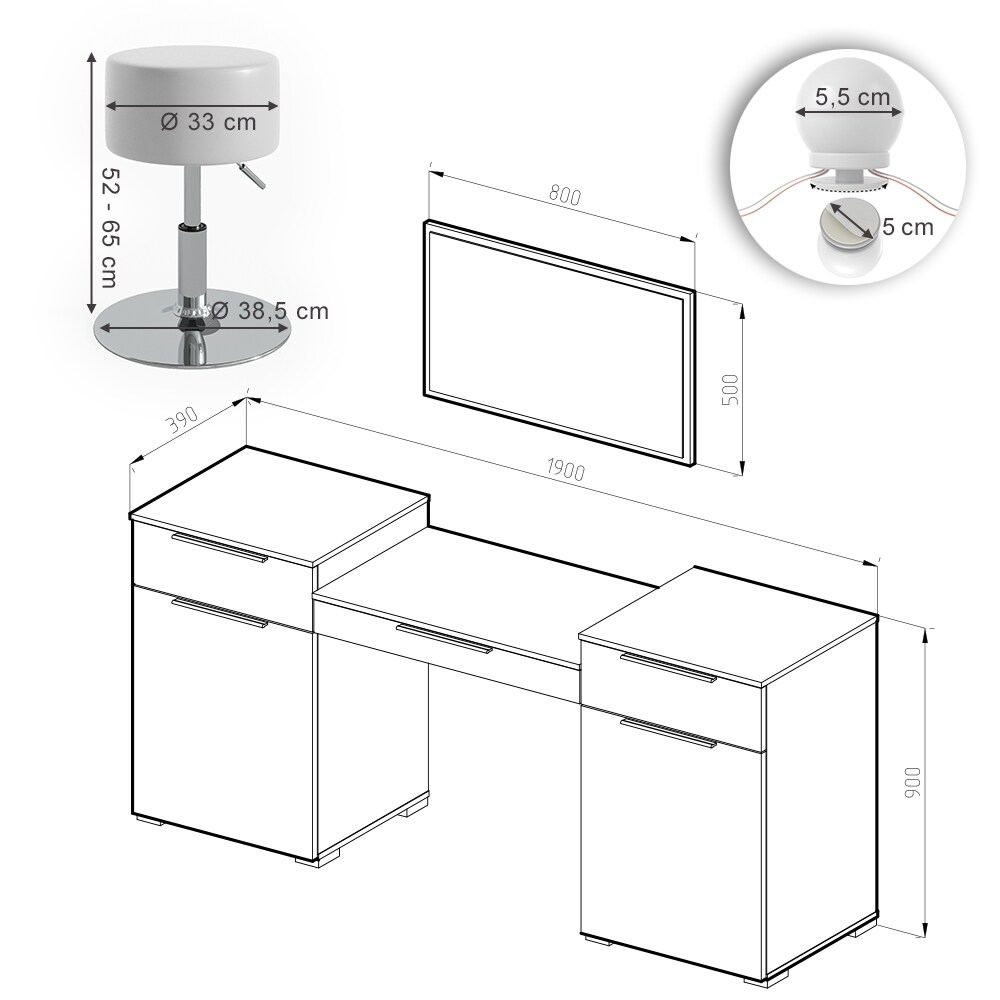 Vicco Schminktisch Lilli Frisiertisch Kommode Frisierkommode Spiegel Weiß inklusive Hocker und LED-Lichterkette