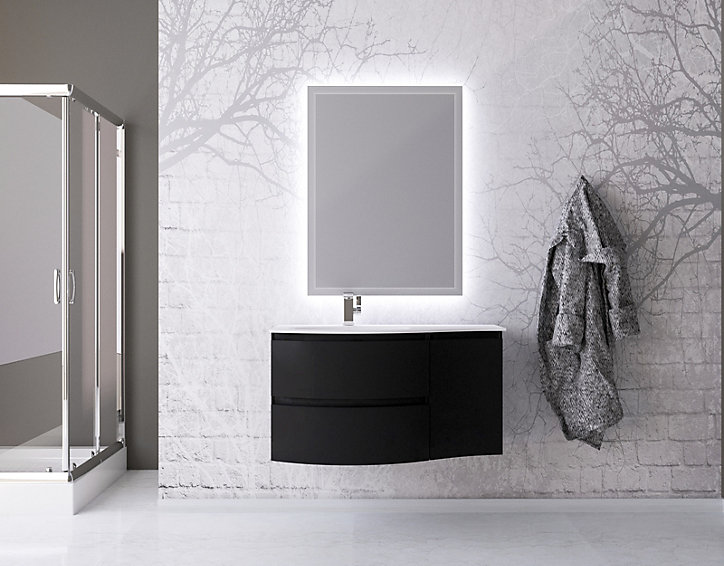 Ensemble Vague L.104 cm meuble sous vasque noir mat à suspendre + complément droit + plan vasque résine blanc