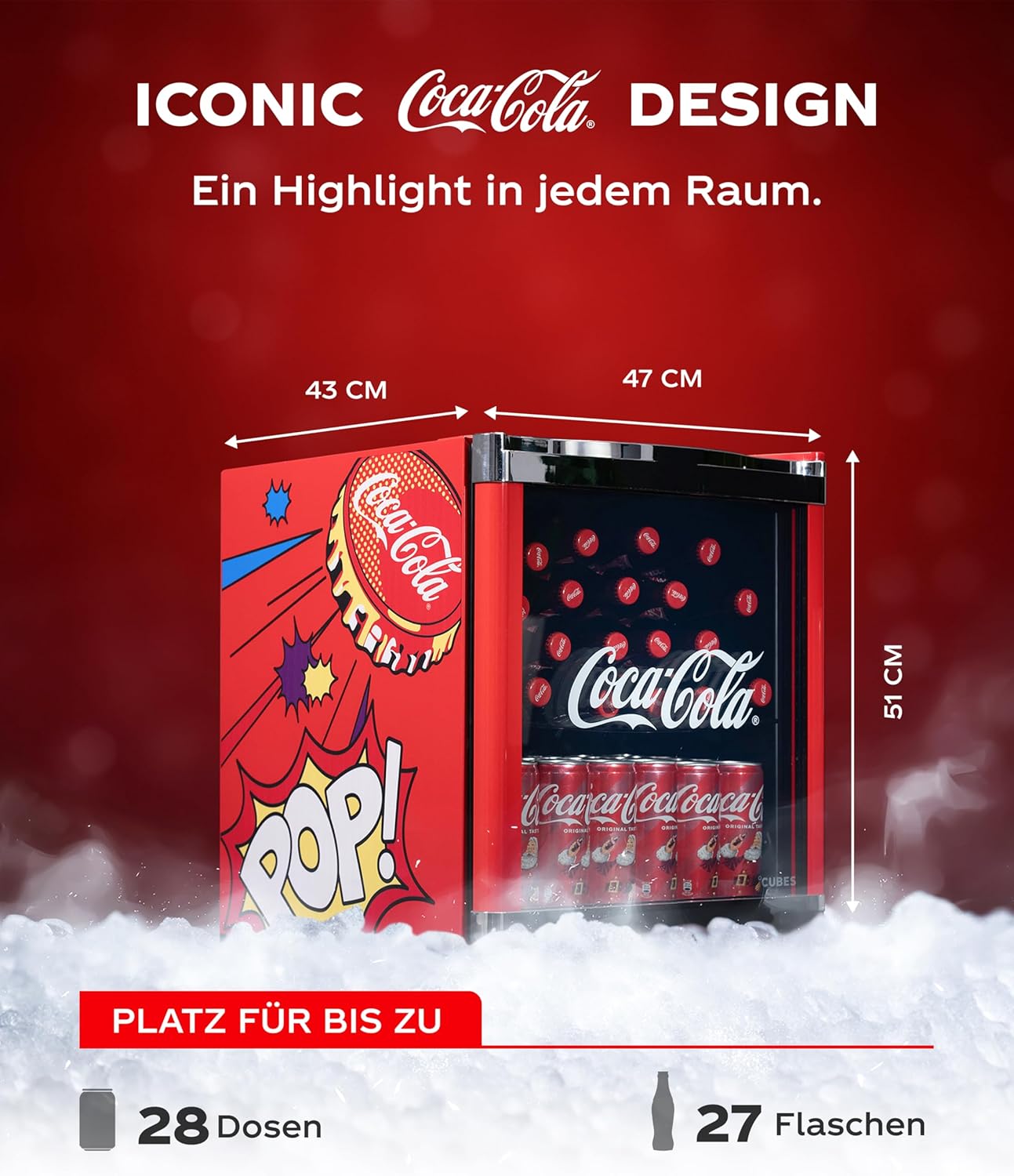CUBES Original Coca-Cola PopArt Mini Kühlschrank Rot (48L) - Getränkekühlschrank mit Glastür, leise & energieeffizient - Perfekt für Büro, Partys & Gaming - Cooler Flaschenkühlschrank - Für Getränke