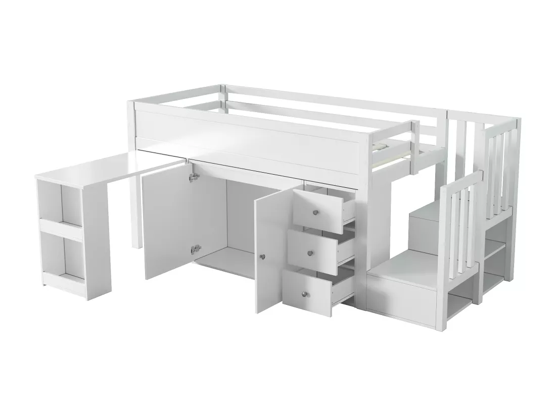 Lit mezzanine pour enfant 90x200cm- avec bureau coulissant + rangement latéral - avec armoire - avec escalier - Blanc