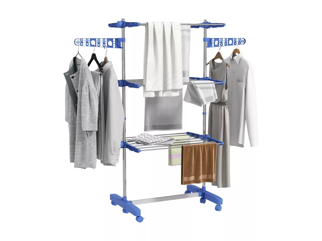 Séchoir à linge étendoir pliable ailes latérales 3 niveaux acier inox PP bleu