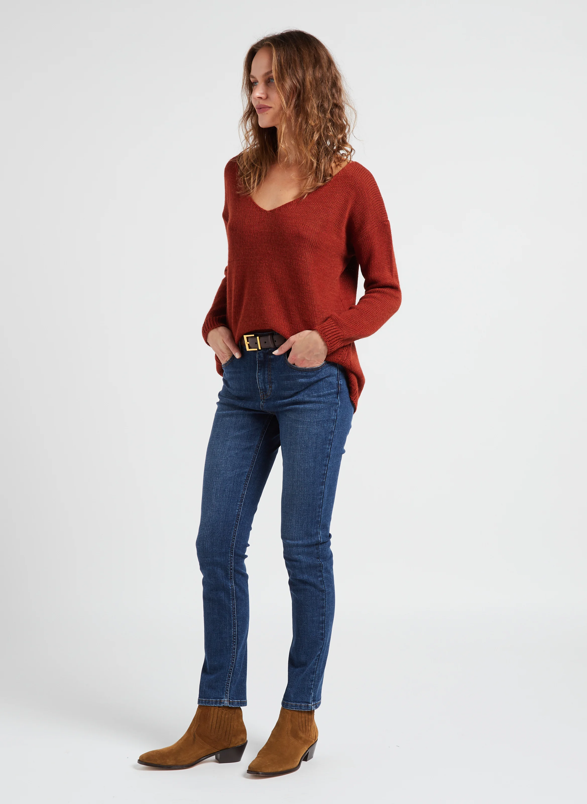 Pull col V en maille mélangée| Orange