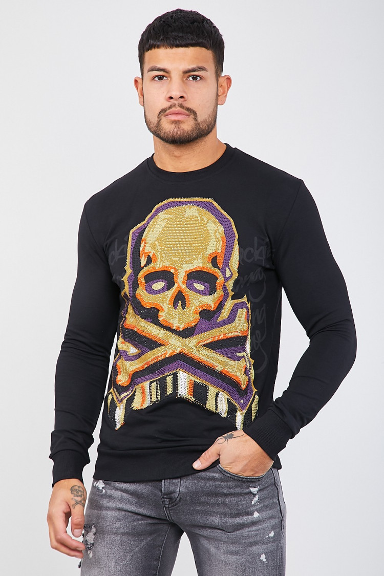 Sweat noir à tête de mort en strass jaune/orange