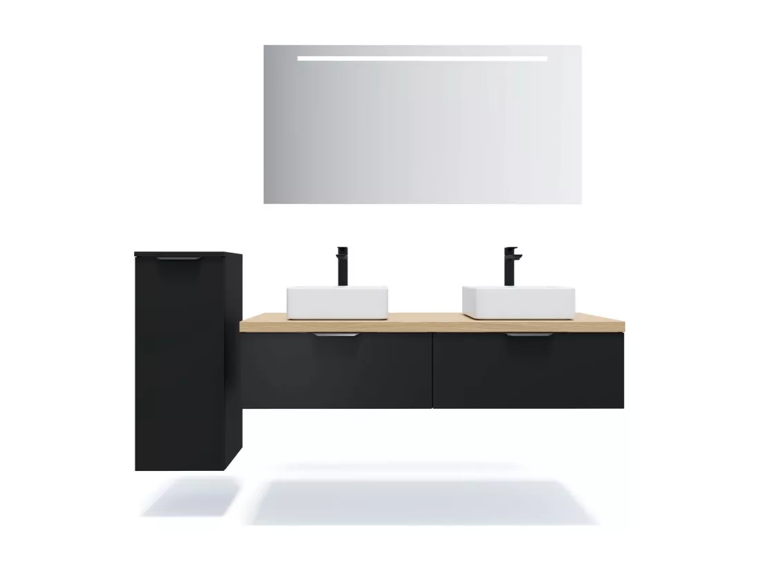 Meuble de salle de bain suspendu 2 vasques à poser 140cm 2 tiroirs Noir - Soho
