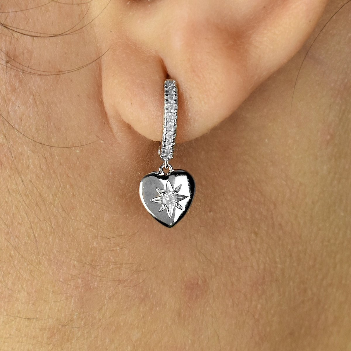 Boucles d'oreilles Mini Créoles coeur étoile pendant serti d'oxydes de zirconium Argent 925 Rhodié