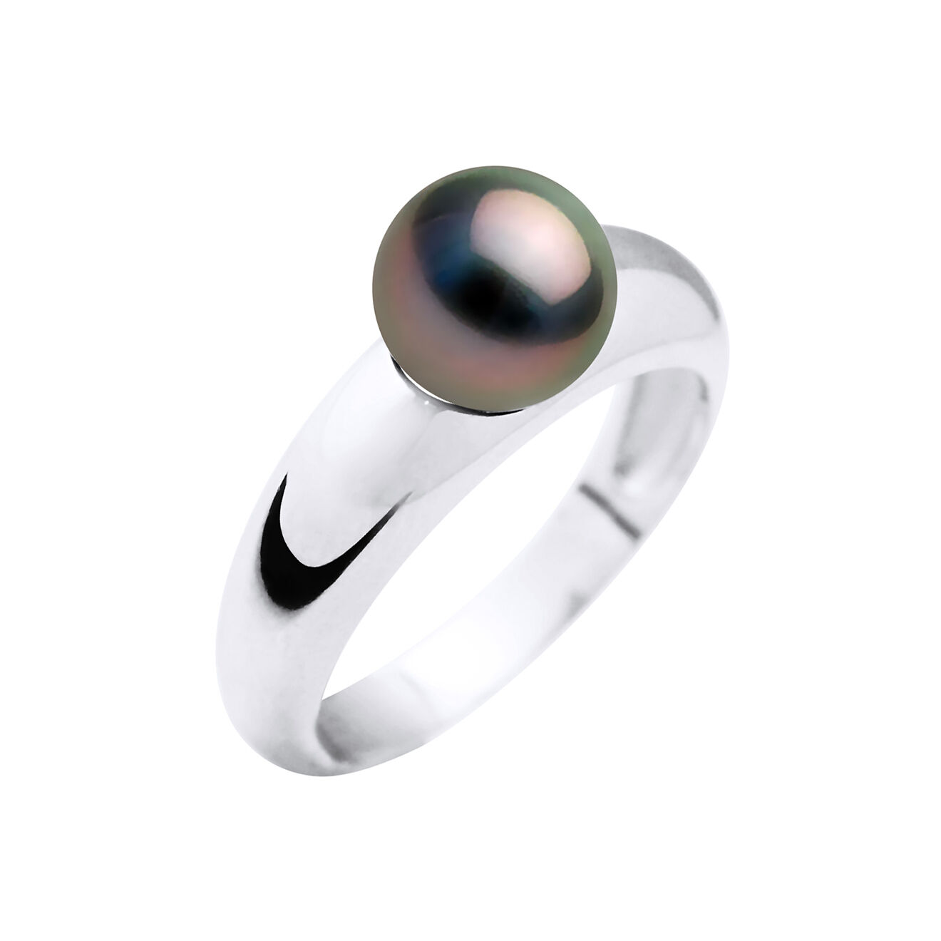 Mitzuko Bague Jonc Bombé Or Blanc & Perle de Culture de Tahiti ronde noire