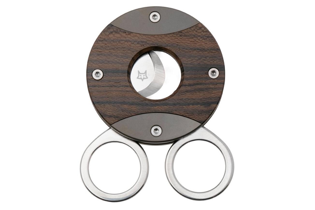 Fox Circle Cigar Cutter 744-ZW, Satin Sandvik 12C27, Ziricote Wood Titanium, sigaarknipper