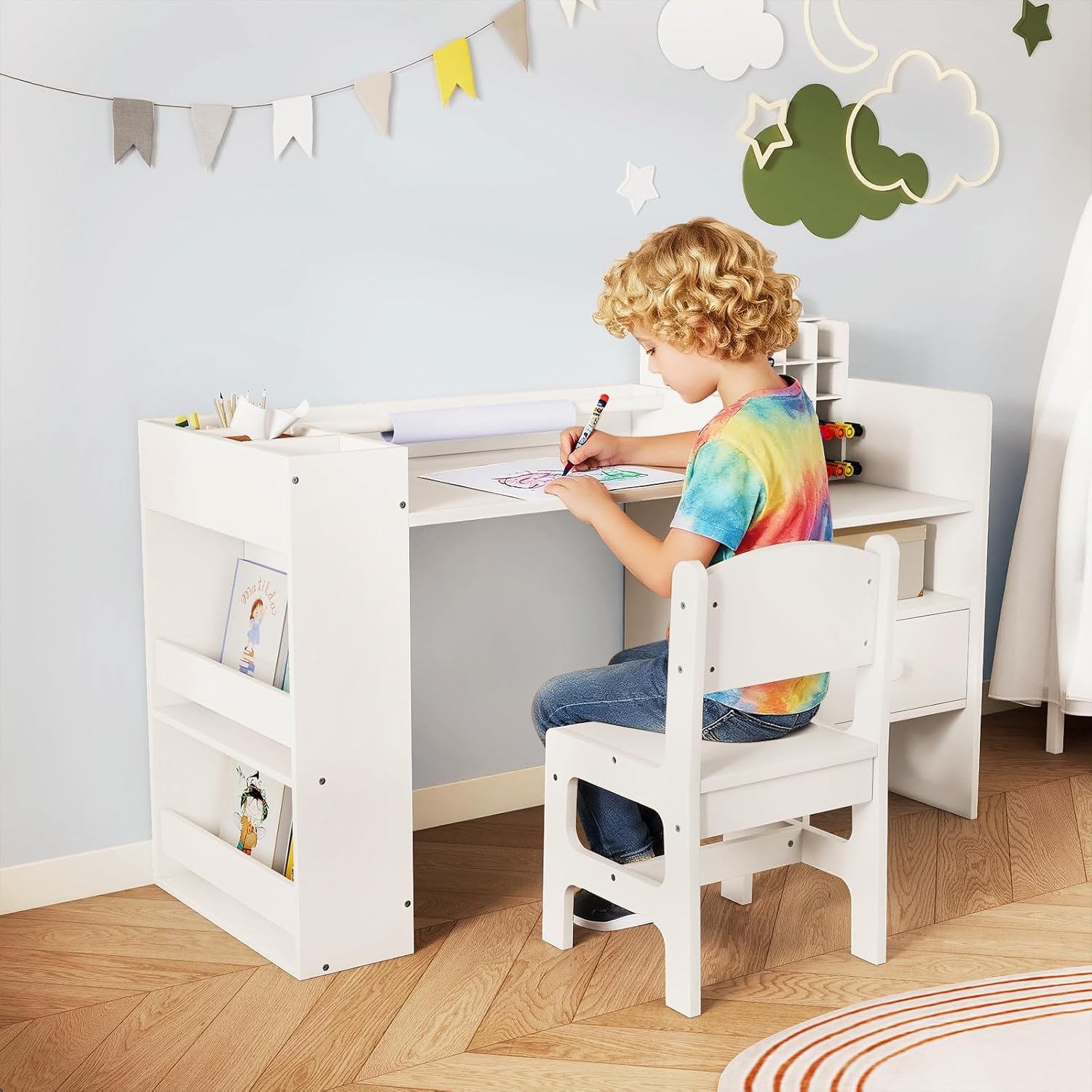 COSTWAY Kinder Tisch Stuhl Set, Maltisch mit abnehmbarem Papierrollenhalter & Fächerschrank, Kindertisch mit Stauraum, Regalen & Schublade, Kindersitzgruppe für Kinder ab 3 Jahren