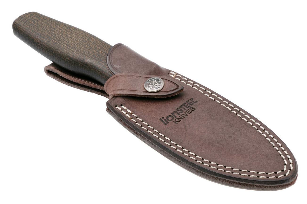 LionSteel Acha AH BLG Satin M390, Green Burlap Micarta, Titanium Guard, vaststaand mes