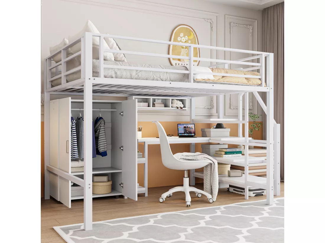 Lit mezzanine 140x200 cm en métal - avec bureau、penderie et échelle de rangement - Blanc