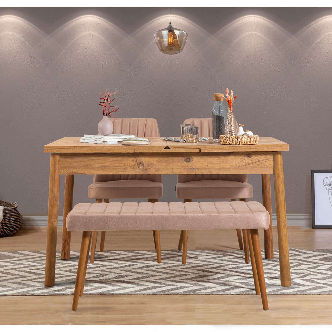Homitis Table + 2 Chaises + Banc Santiago 0900 pin atlantique/stone