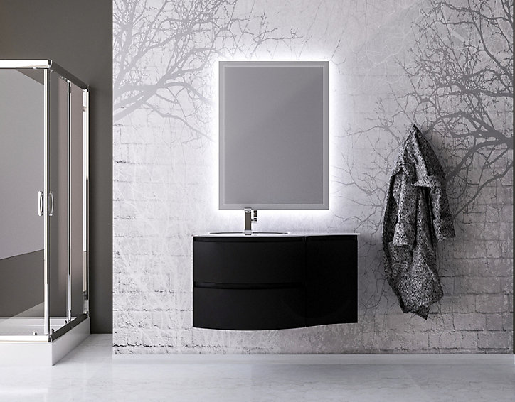 Ensemble Vague L.104 cm meuble sous vasque noir mat à suspendre + complément droit + plan vasque verre blanc