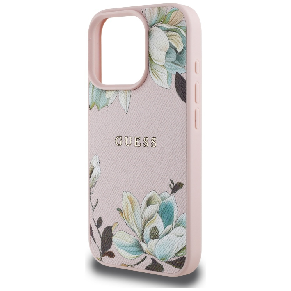 iPhone 16 Pro MagSafe Leder Hardcase Hülle Grained Printed Flower (GUHMP16LPGNMPLMP) - Rosa