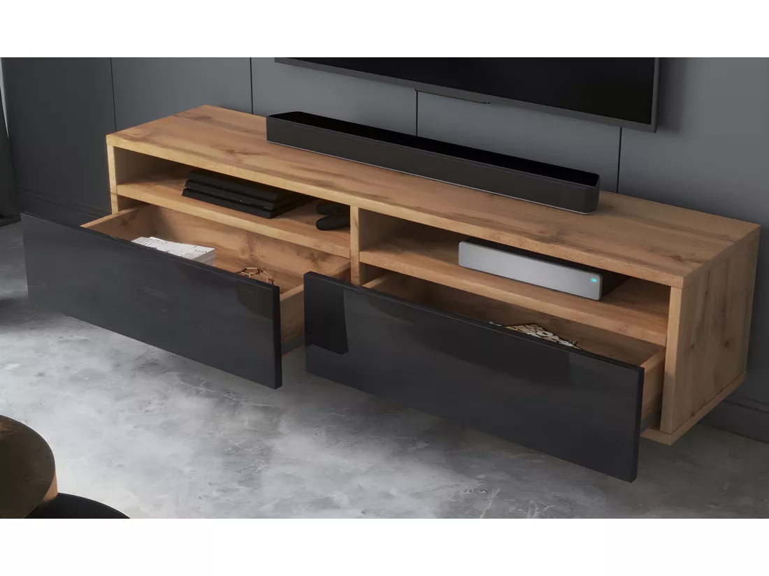 Meuble TV - 140 cm - chêne wotan / noir brillant - REDNAW