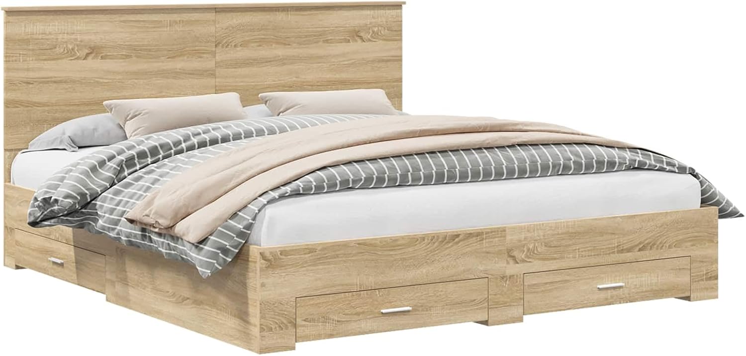 vidaXL Bettrahmen mit Kopfteil Sonoma-Eiche 200 x 200 cm Holzwerkstoff, Stylisches Bettgestell, Moderne Lagerung, funktionale Schlafzimmermöbel, langlebiger Holzwerkstoff, platzsparendes Design für