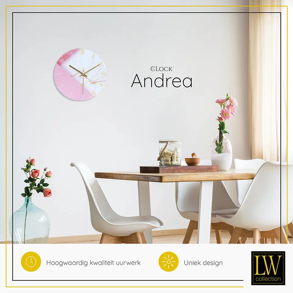 LW Collection Keukenklok Andrea wit roze 30cm
