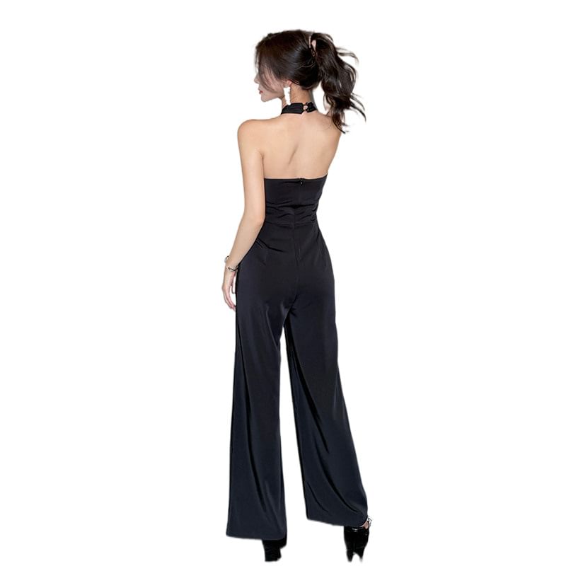 Aurora - Halternek Effen Jumpsuit met Wijde Pijpen