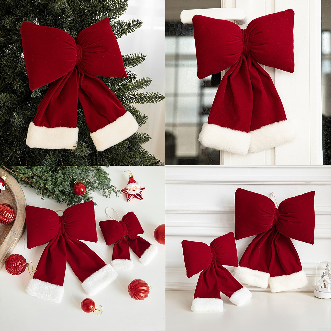 (9x16cm) Samt Schleife Christbaum Schmuck Weihnachts Tannenbaum Ornament Deko Geschenk Masche - Rot / Weiss
