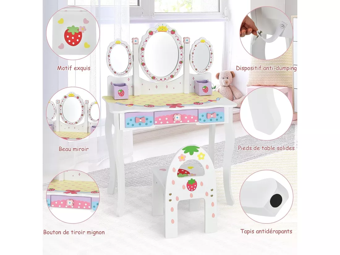 Coiffeuse pour Enfants avec Miroir Amovible - 3 Tiroirs - 2 Boîtes - Convertible Bureau - Style Princesse pour Filles, Blanc