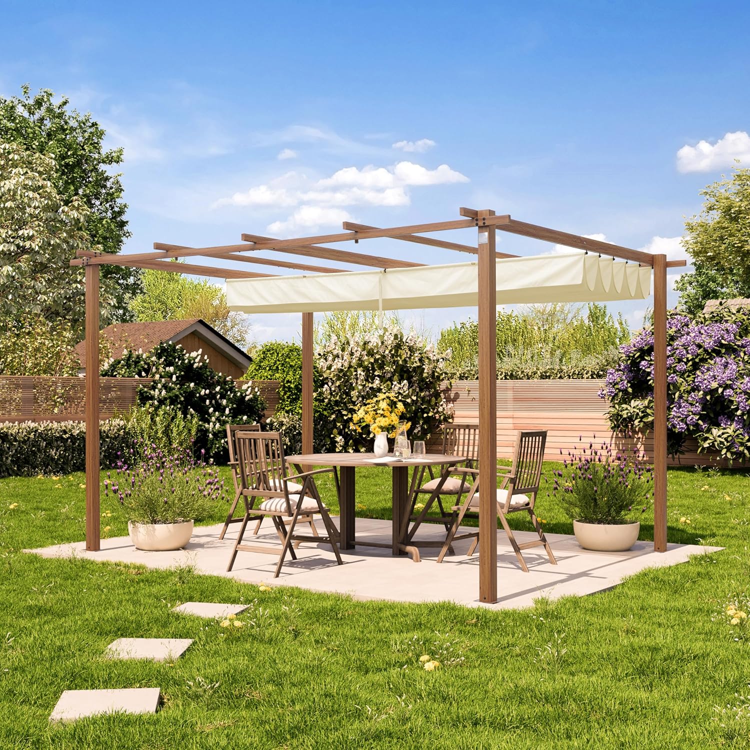PRIMEYARD Pergola 3x4 m Terrassenüberdachung mit Schiebedach Stahlrahmen in Holzoptik