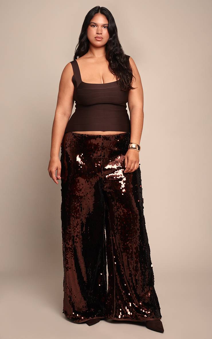 Dark Chocolate Pantalon Large Évasé À Sequins Grande Taille