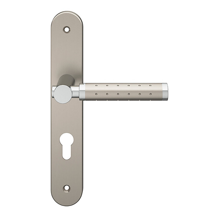 Ensemble poignée sur plaque rondcylindre GoodHome Brigg effet chrome et nickel satin gris L.132mm x l.40mm entraxe 195mm