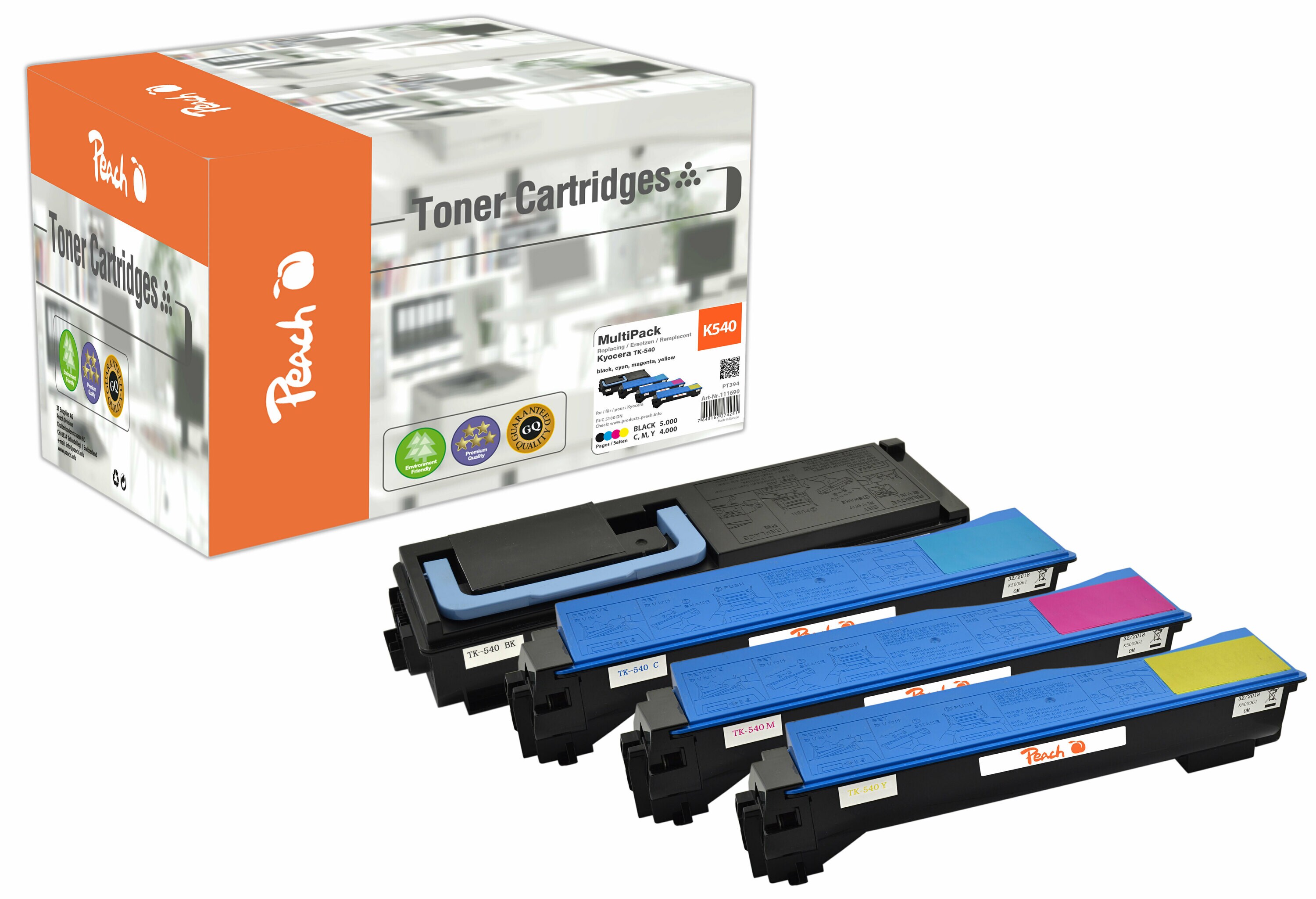 Peach K5404 Toner (bk, c/m/y) ersetzt Kyocera TK-540 für z.B. Kyocera FSC 5100 DN (wiederaufbereitet)