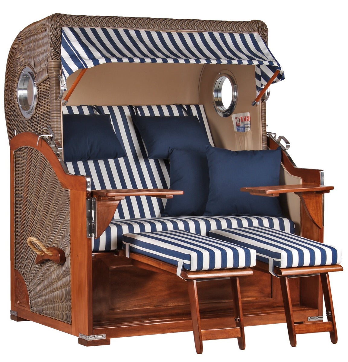 Westerland strandstoel, mahonie, patrijspoort, PE grijs, design 518