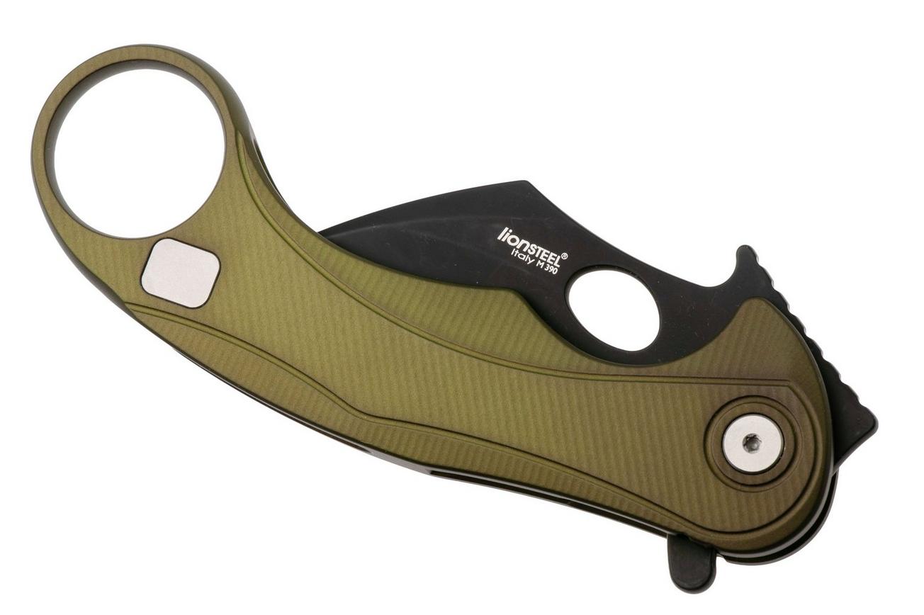 LionSteel L.E.One Mid LE2-GB, Old Black M390, Green Aluminum, karambit zakmes