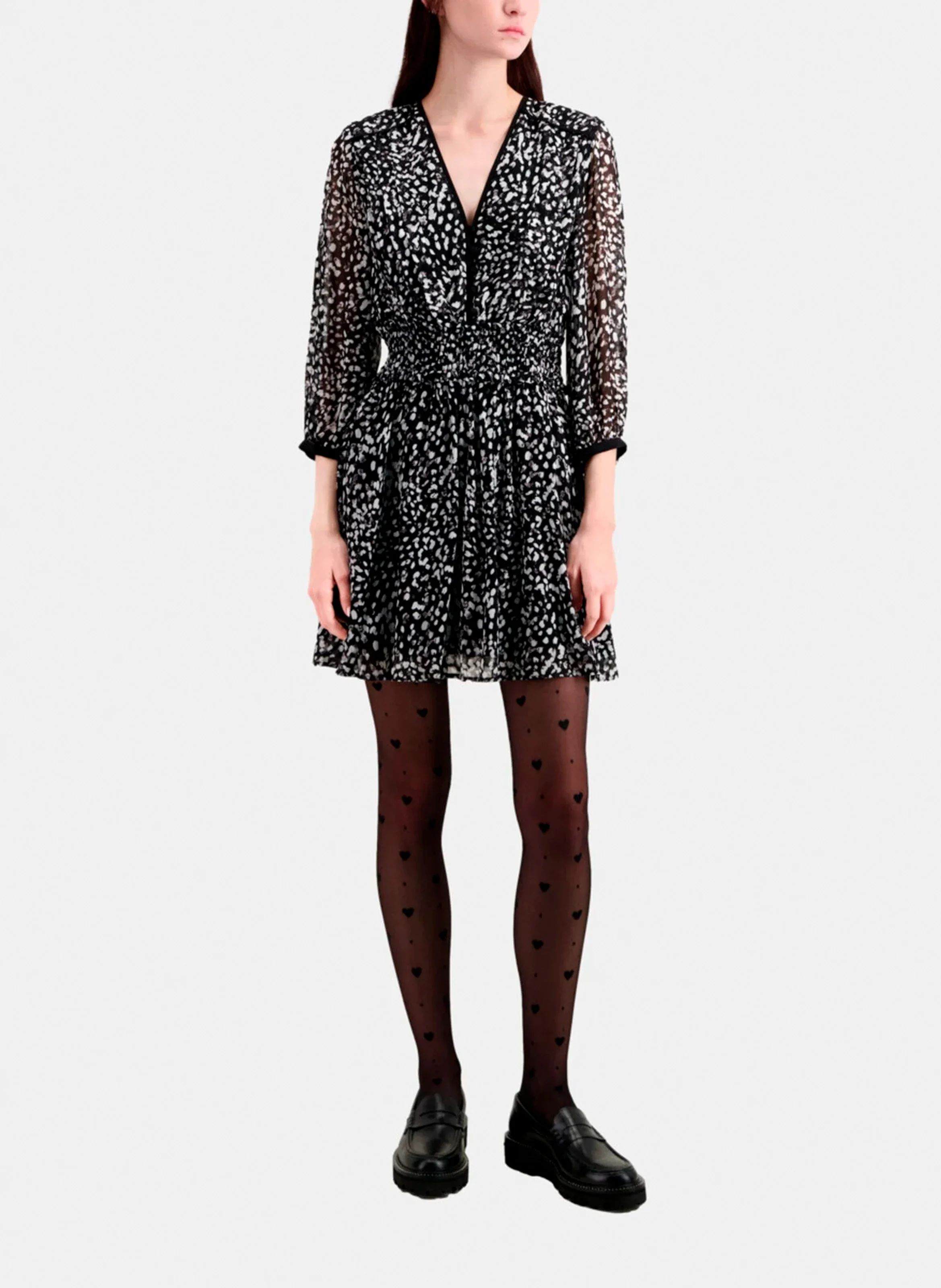 Robe courte col V imprimée| Noir