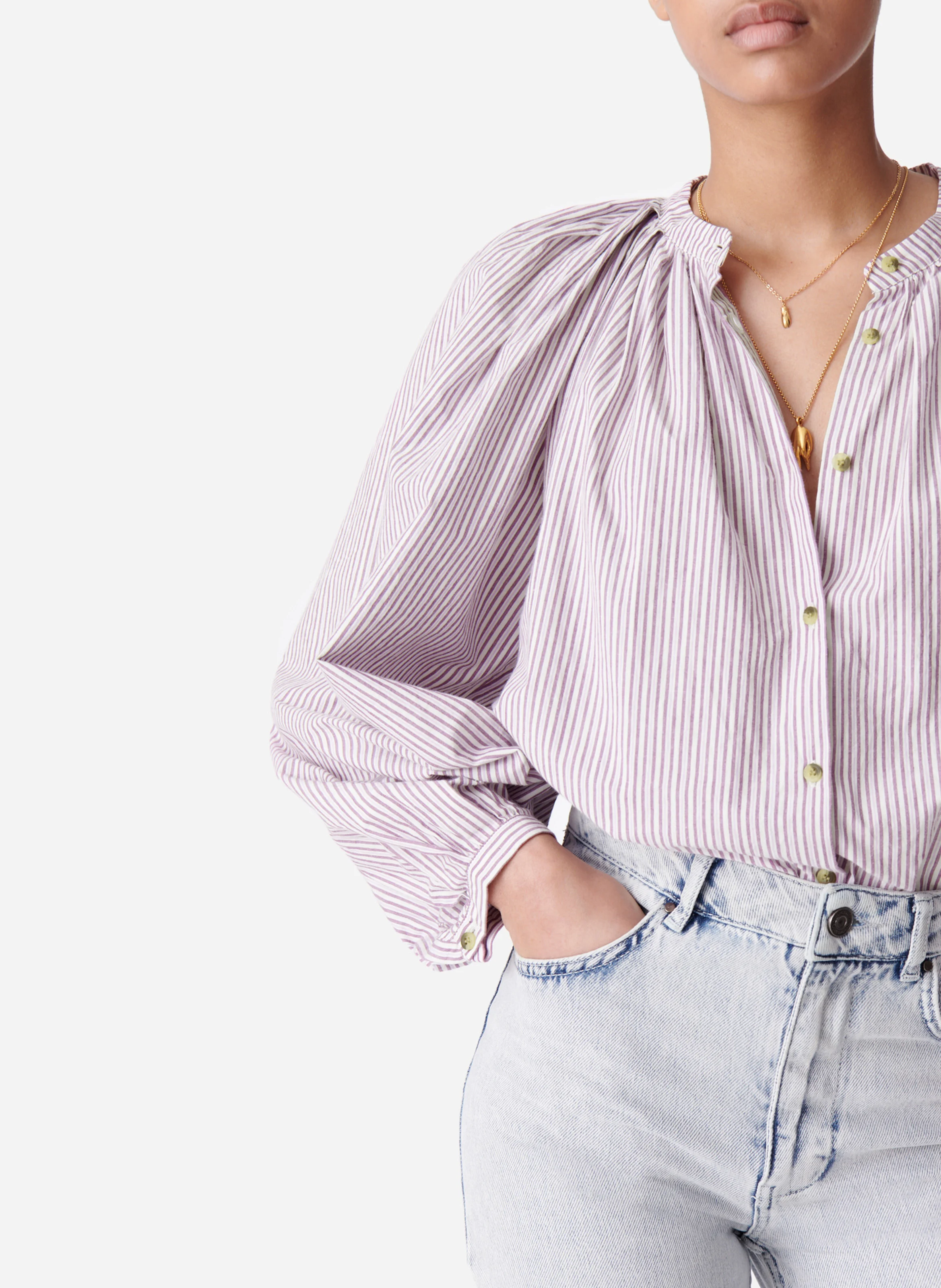 SOL - Chemise col rond ample en coton rayé | Rose