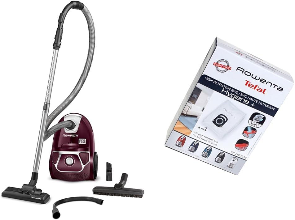 Rowenta RO3969 Compact Power Beutel-Staubsauger (Maximale Leistung: 750 Watt, Staubbeutelkapazität: 3 Liter) dunkelrot/Silber & Hygiene+ ZR200520 Staubsaugerbeutel 4 TLG.