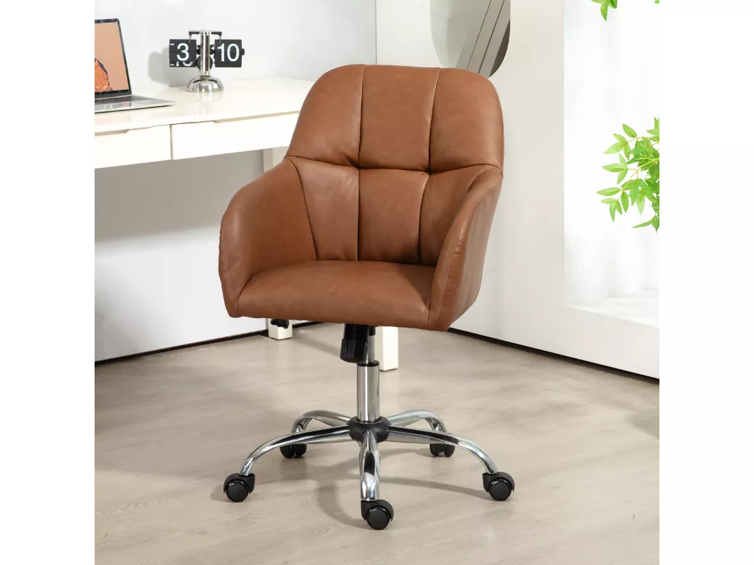 Chaise de bureau manager ergonomique style Chesterfield métal chromé synthétique camel