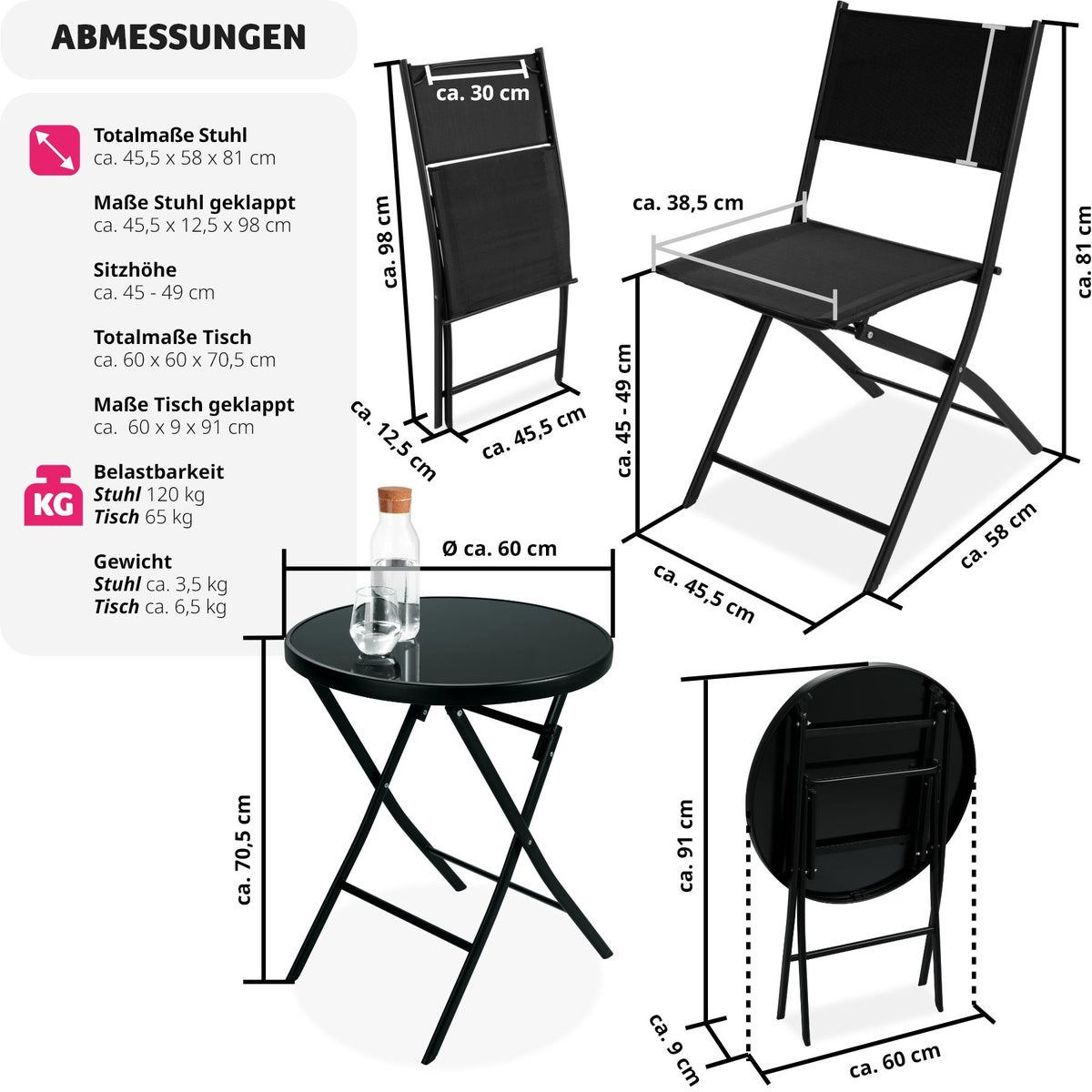 tectake Düsseldorf opvouwbare bistroset voor 2 personen, tafel met blad van veiligheidsglas