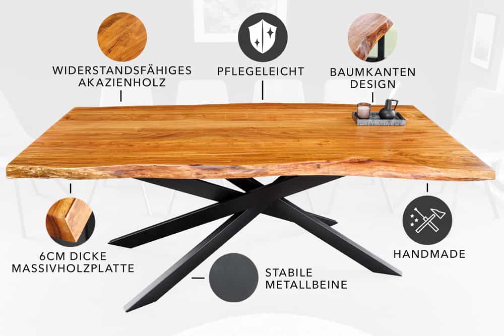 Massivholz Esstisch MAMMUT 200cm Akazie schwarz Metall Baumkante 6cm Tischplatte