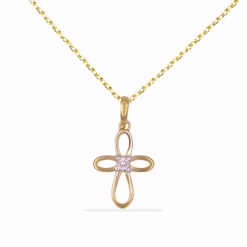 Collier - Médaille Croix Or Jaune et Diamant - Chaine Dorée