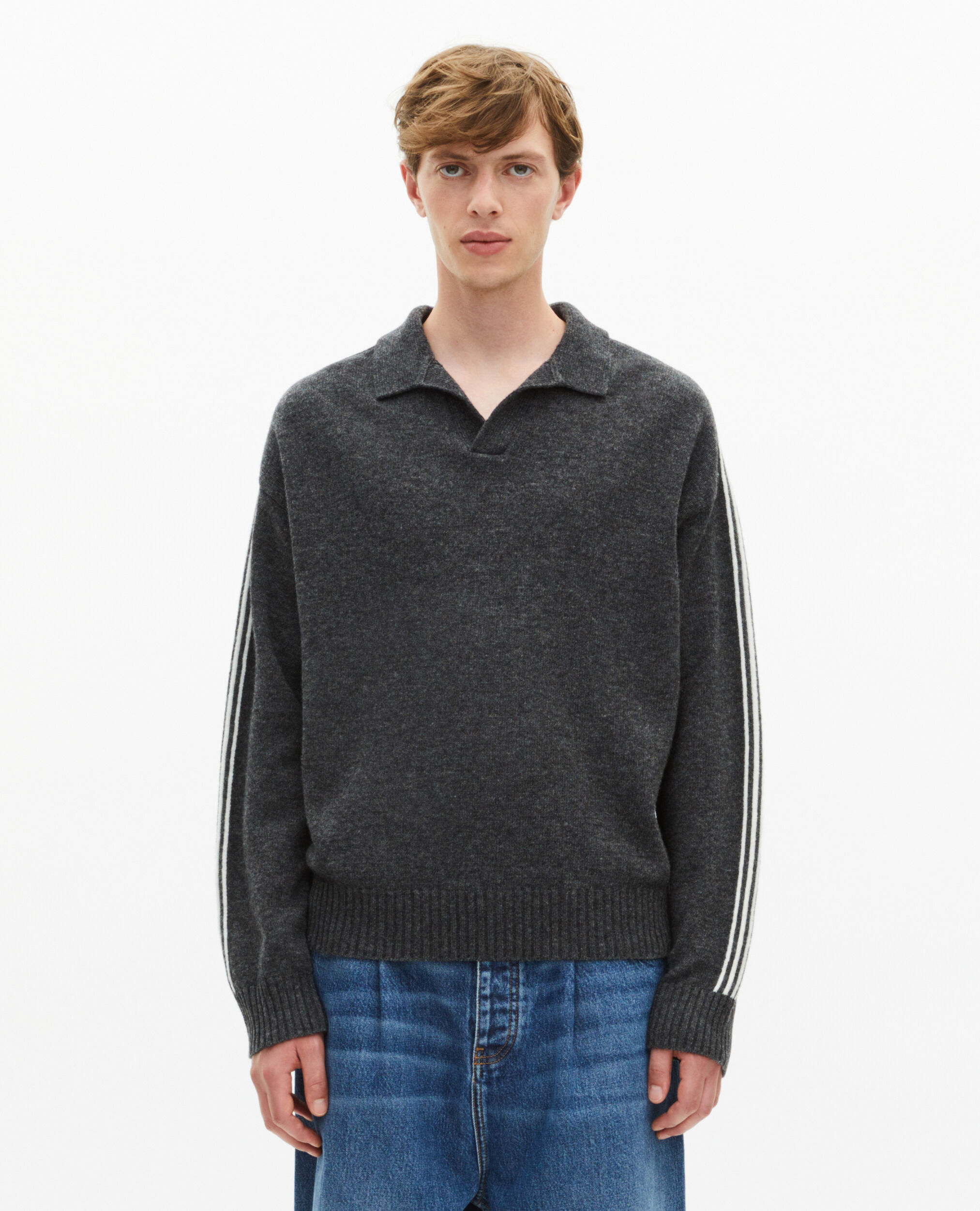 Pull col polo en laine avec rayures contrastées gris