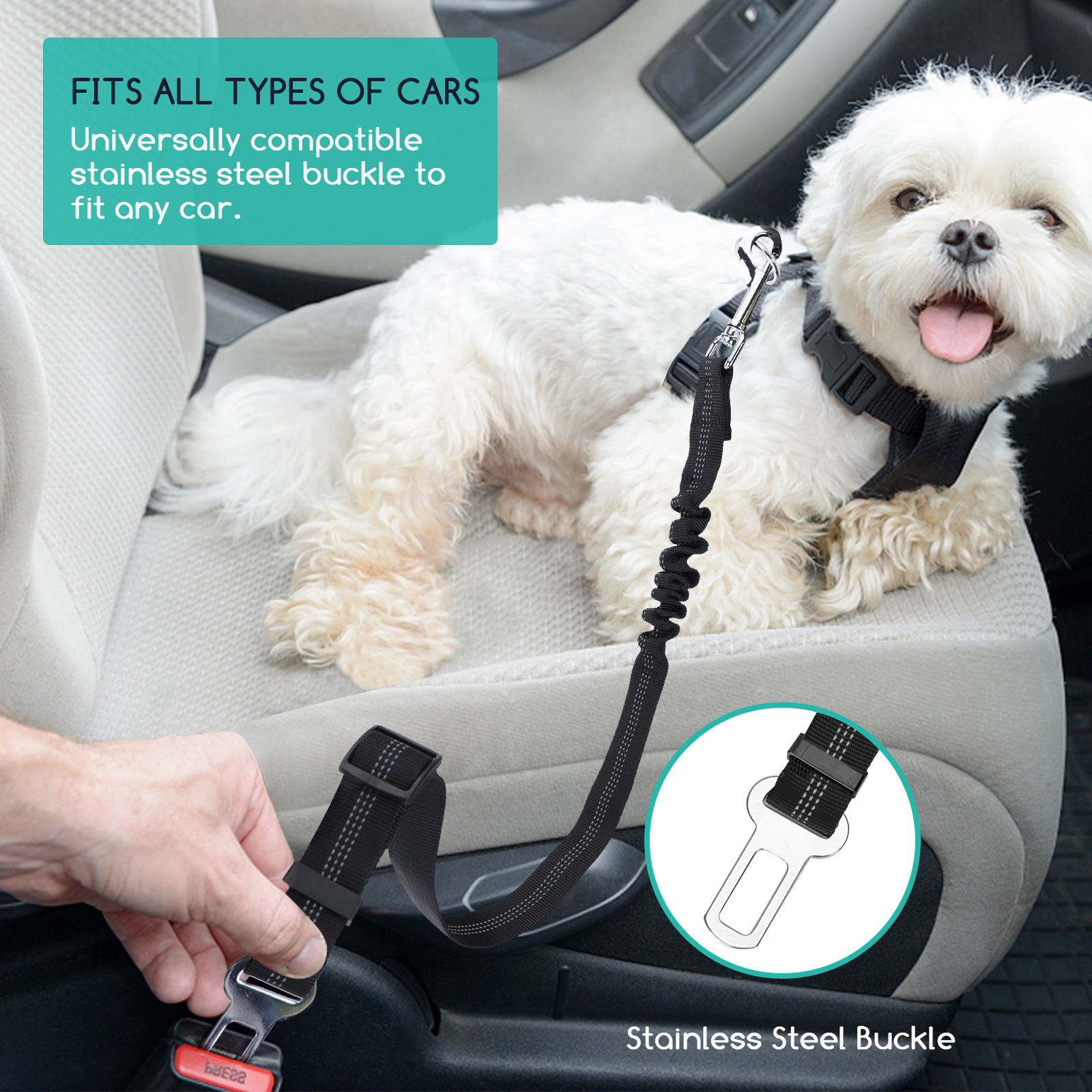 Nobleza - Cinto de Segurança Automotiva para Cães, Arnês para Cães com Mosquetão Elástico e Resistente, Cinto de Segurança Automotiva Universal Ajustável em Nylon para Cães, Pacote com 2 unidades, 50-70cm, Preto