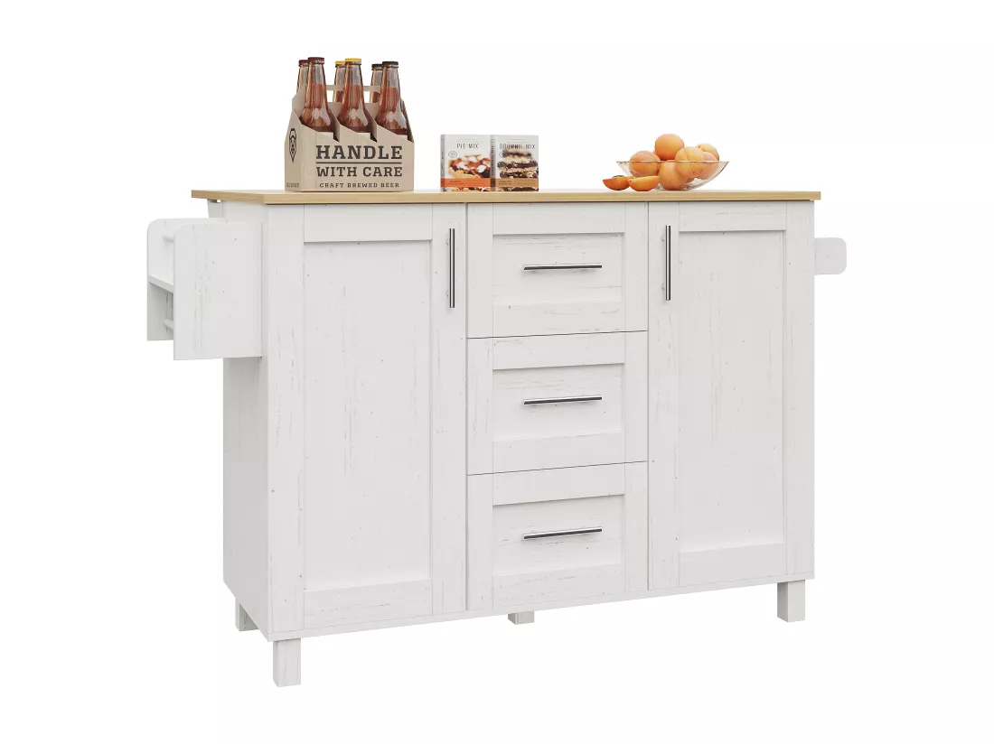 Ilot central de cuisine - chariot à roulette avec plateau extensible - 3 tiroirs et 2 portes - Blanc